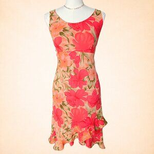 Vintage Coral & Olive Floral V-Neck Midi Dress